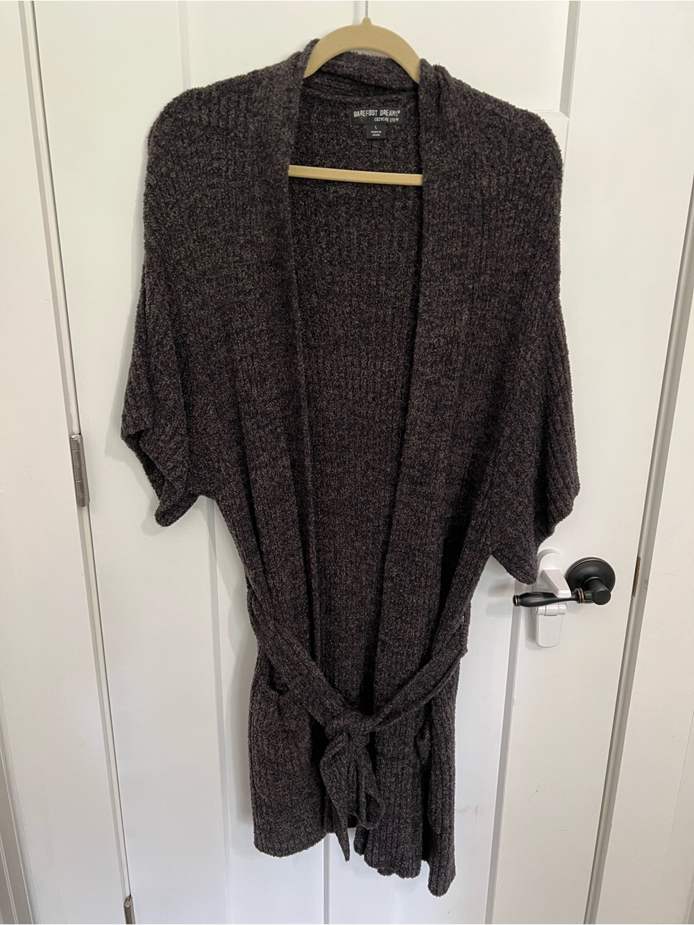 Barefoot Dreams Dark Charcoal/Brown Open-Front Shawl Cardigan with Tie
